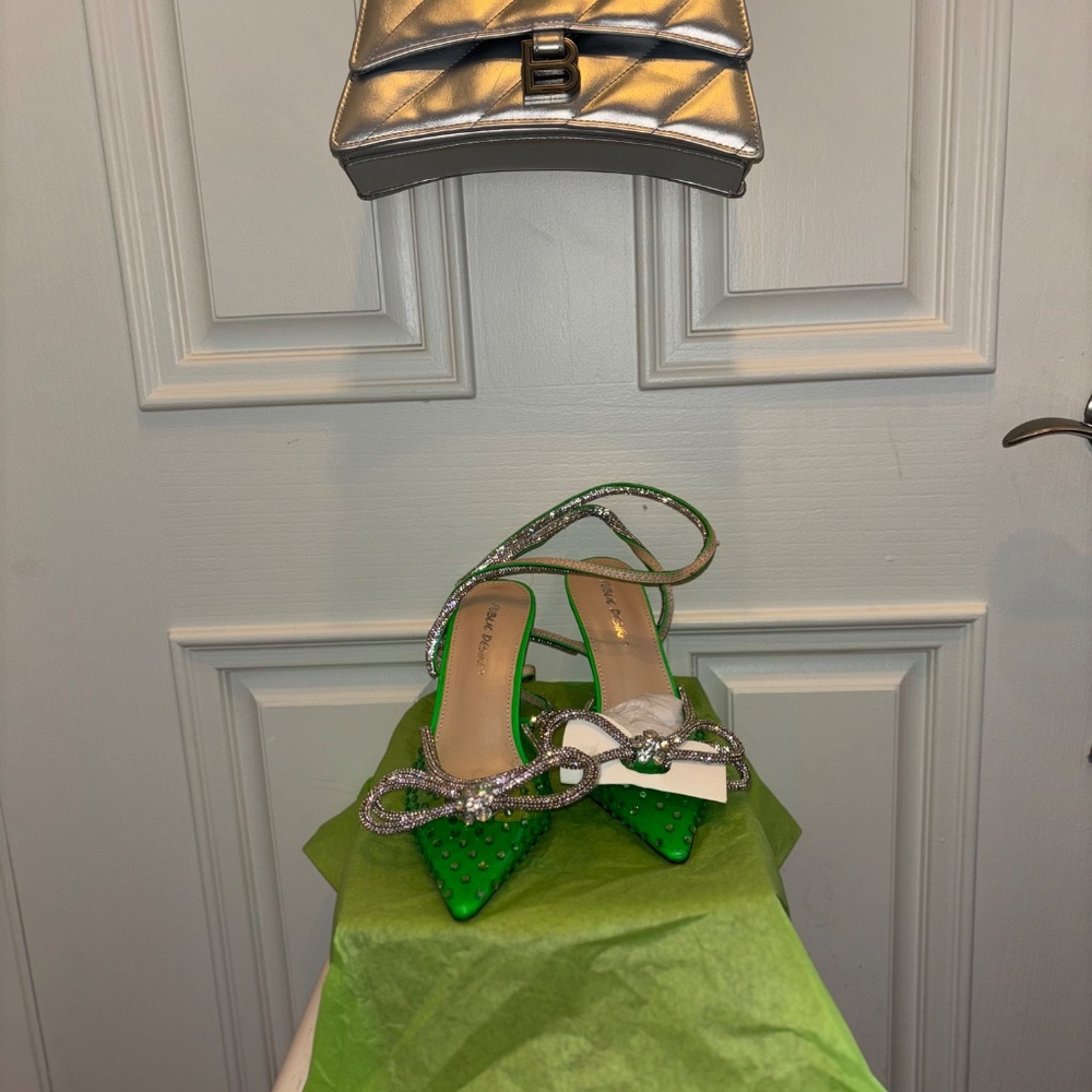 NEW Public Desire Azealia Neon Green Crystal Diamanté 7.5 Wrap Around Bow Heels - Picture 13 of 14